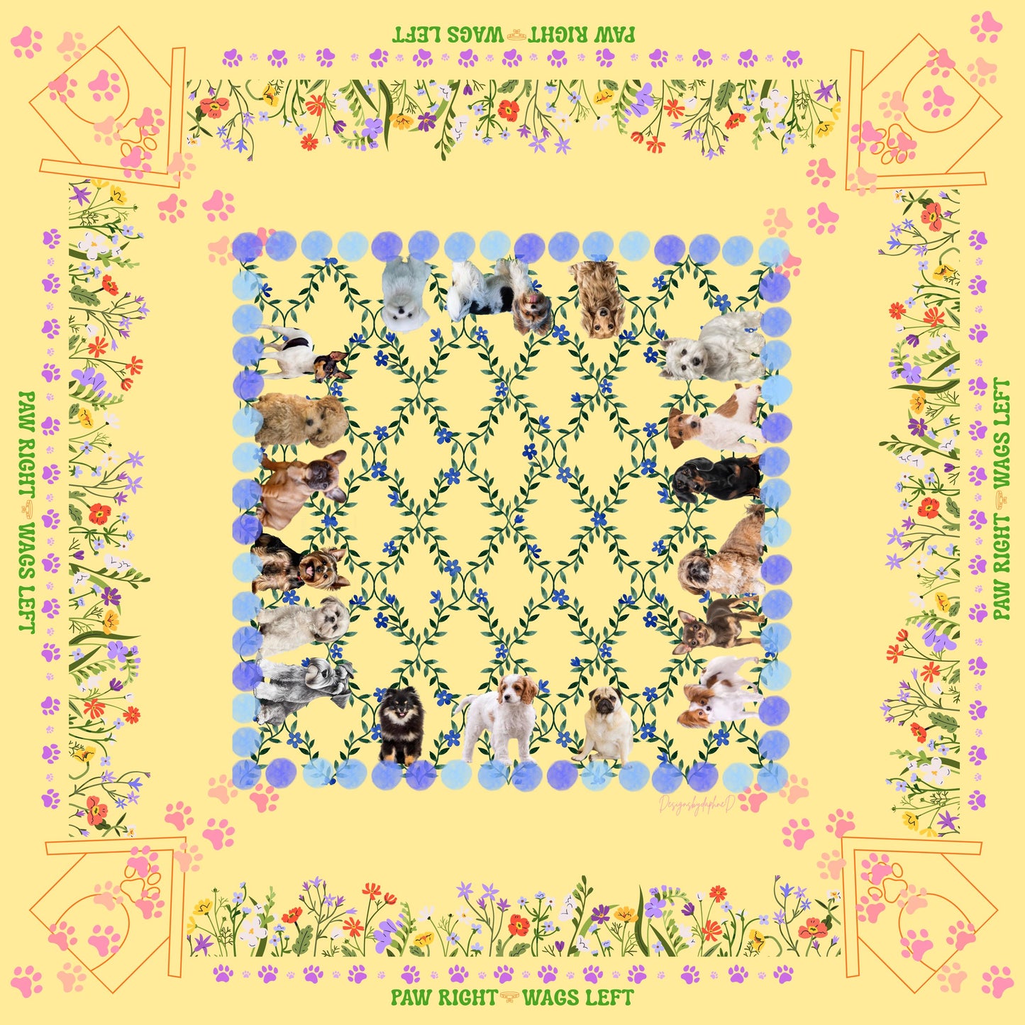 Puppourri Garden Mahjong Mat – Designer Puppies, Wildflowers, Paw Prints