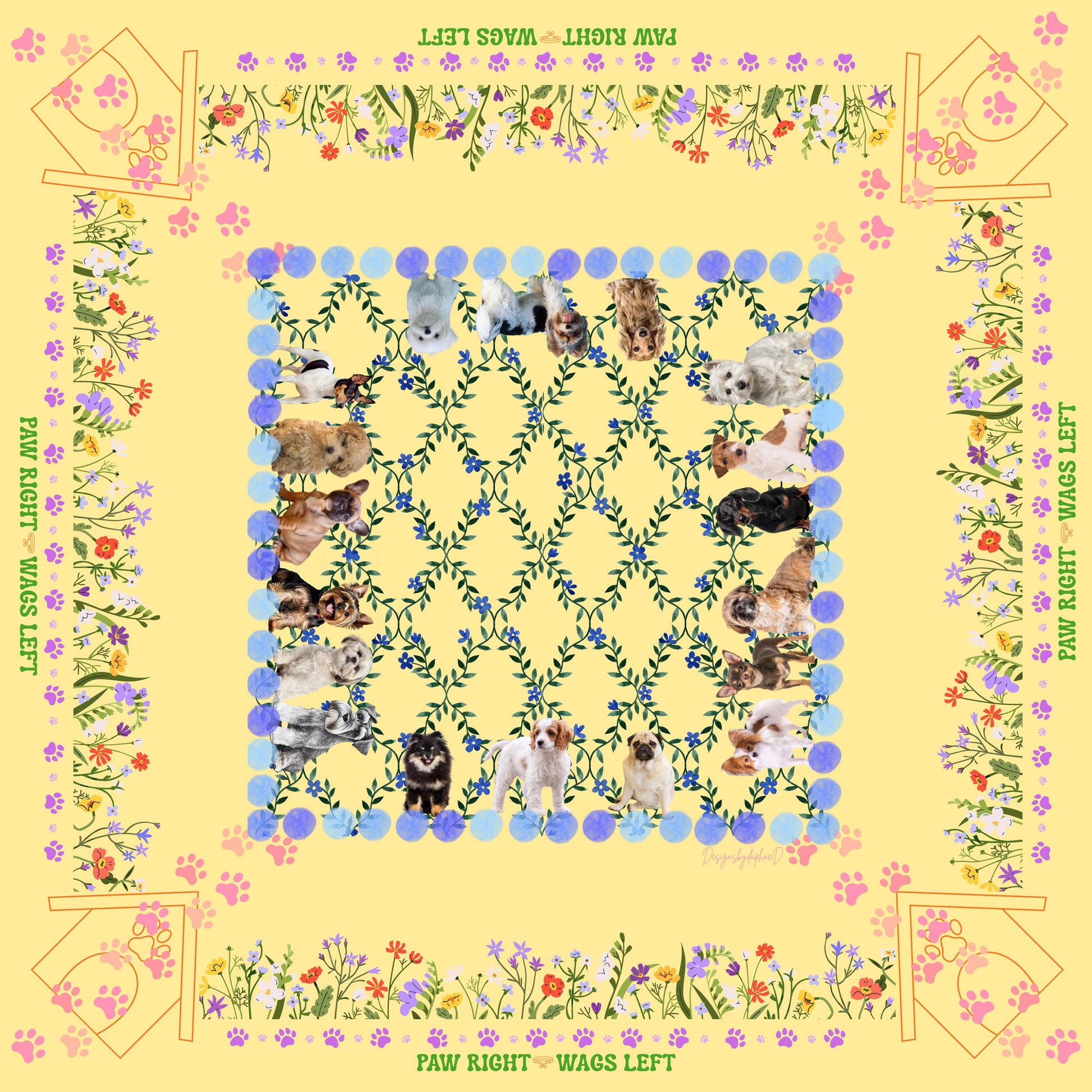 Puppourri Garden Mahjong Mat – Designer Puppies, Wildflowers, Paw Prints